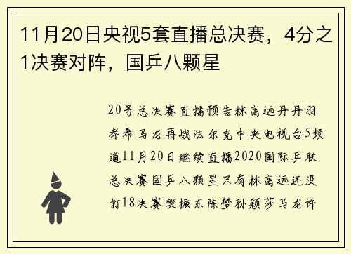 11月20日央视5套直播总决赛，4分之1决赛对阵，国乒八颗星
