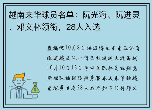 越南来华球员名单:阮光海、阮进灵、邓文林领衔,28人入选