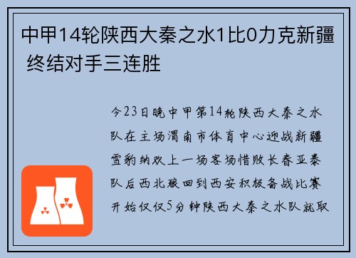 中甲14轮陕西大秦之水1比0力克新疆 终结对手三连胜