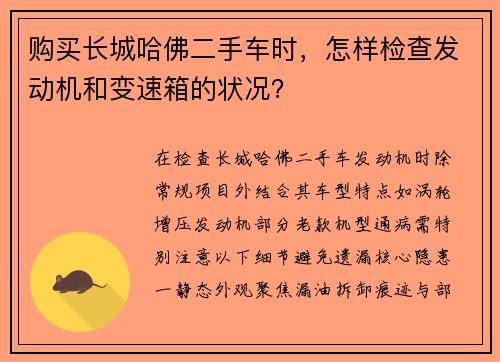 购买长城哈佛二手车时，怎样检查发动机和变速箱的状况？